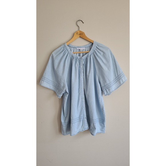 Jane + Delancey Tops - Jane + Delancey Blue Cotton Chambray Pintuck Button Down Top Womens 1X